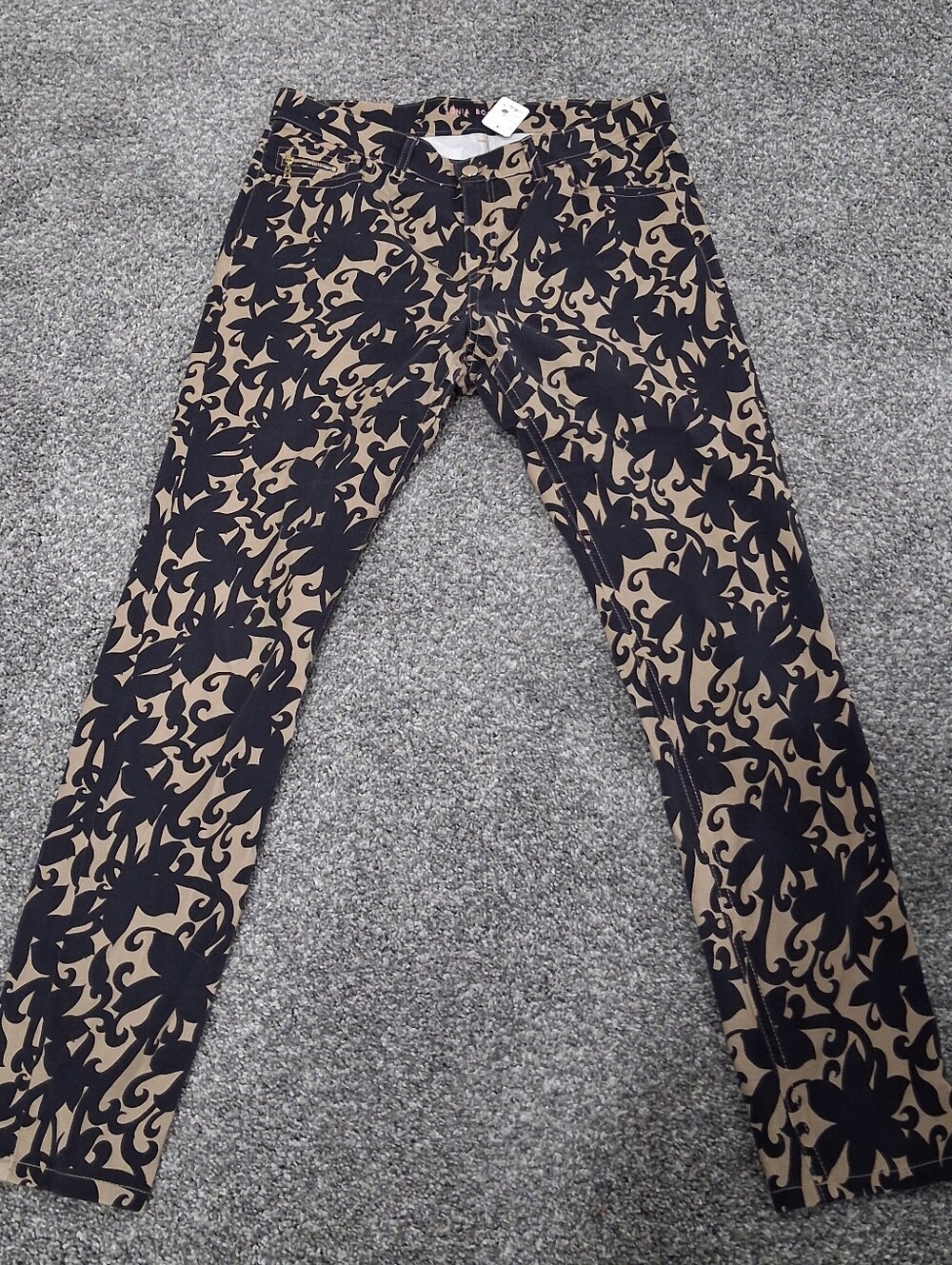 Sonia Bogner Black & Tan Botanical Palm Print 5 Pocket Jeans Size 12